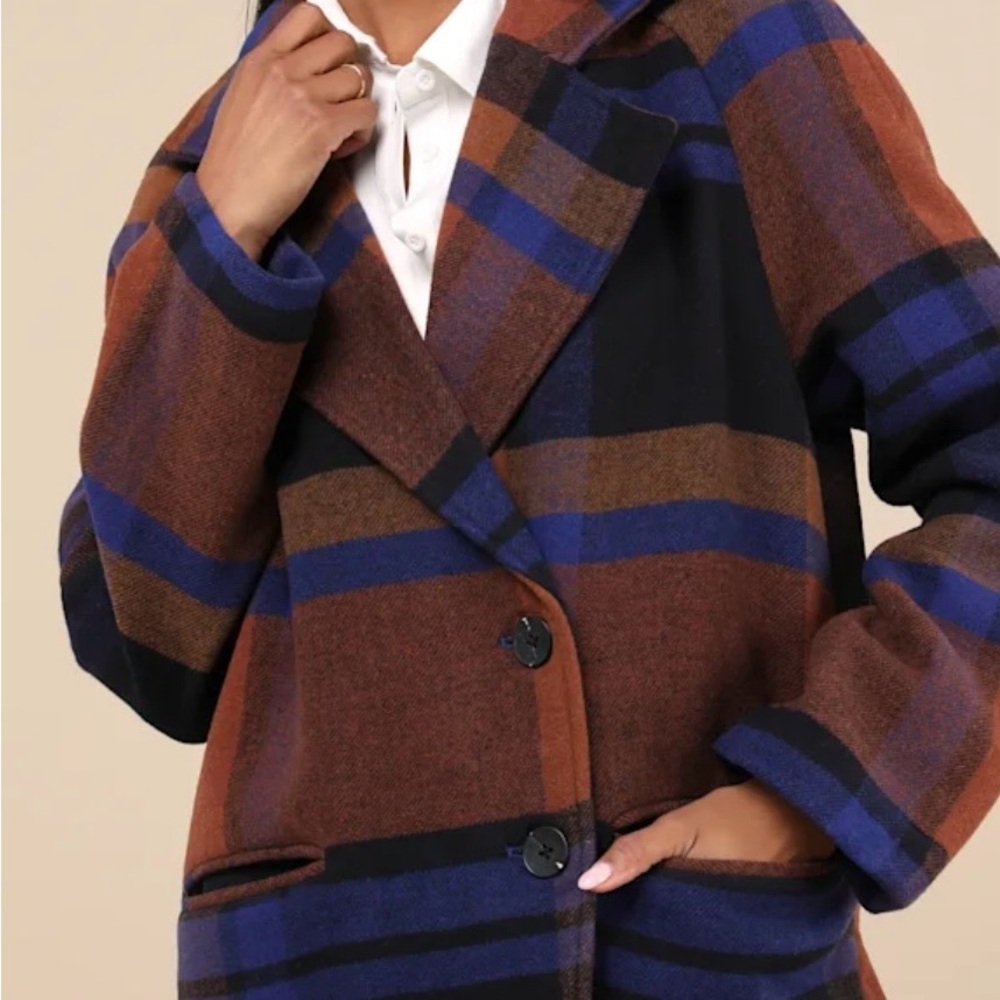 Avec Les Filles Brown and Blue Plaid Open Front Coat - Picture 3 of 4